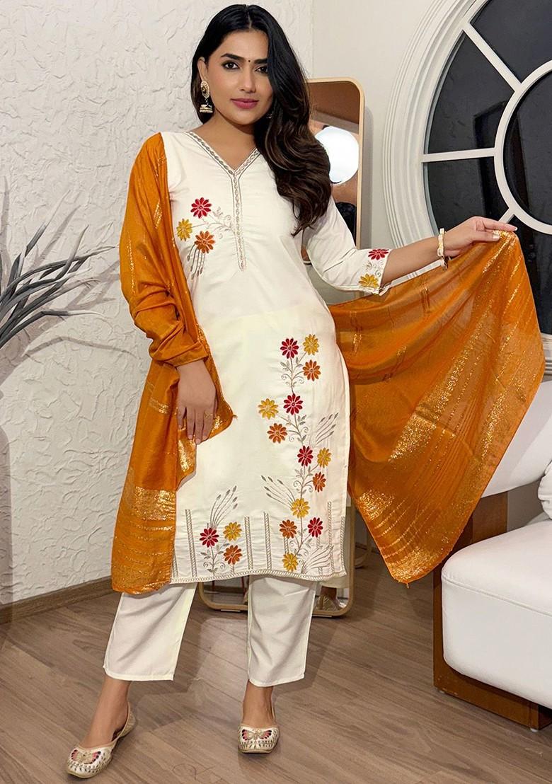 Cream Embroidered Poly Blended Kurta Sets