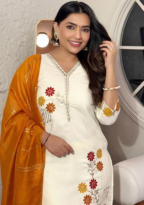 Cream Embroidered Poly Blended Kurta Sets