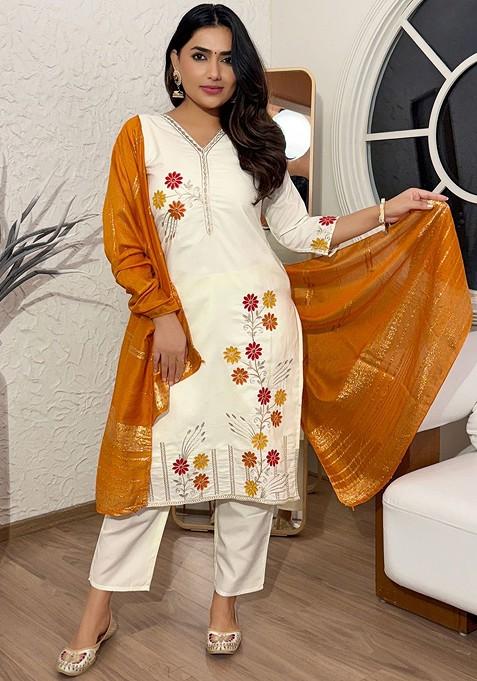 Cream Embroidered Poly Blended Kurta Sets