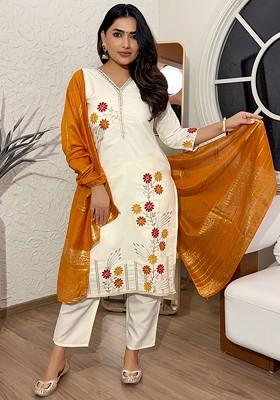 Cream Embroidered Poly Blended Kurta Sets