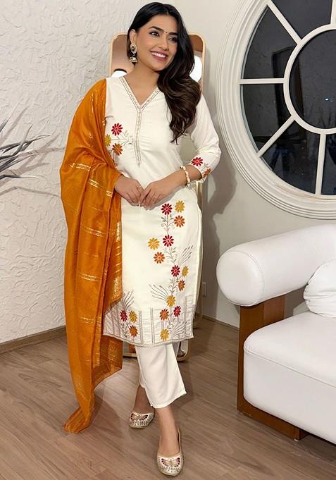 Cream Embroidered Poly Blended Kurta Sets