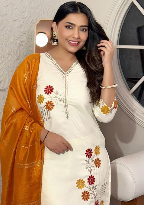 Cream Embroidered Poly Blended Kurta Sets