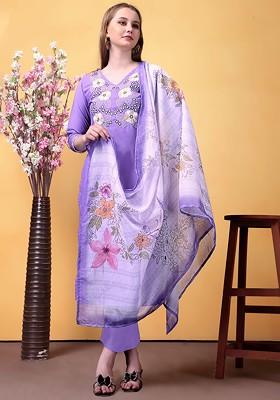 Lavender Embroidered Poly Blended Kurta Sets