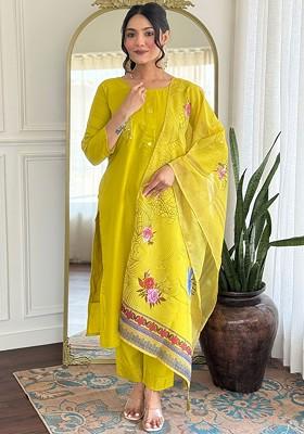 Lime Green Embroidered Poly Blended Kurta Sets