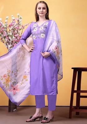 Lavender Embroidered Poly Blended Kurta Sets