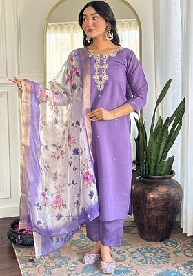 Lavender Embroidered Poly Blended Kurta Sets