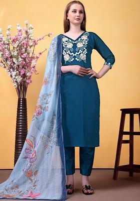 Teal Embroidered Poly Blended Kurta Sets