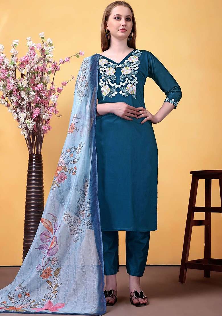 Teal Embroidered Poly Blended Kurta Sets - Indya