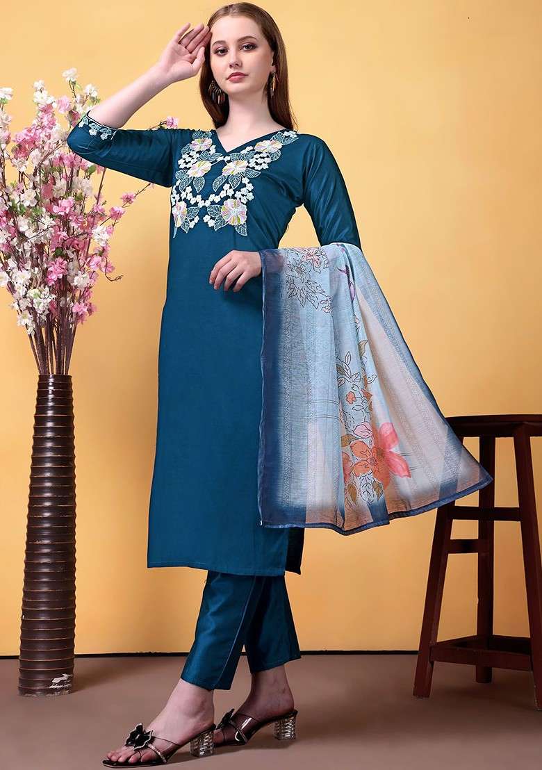 Teal Embroidered Poly Blended Kurta Sets - Indya
