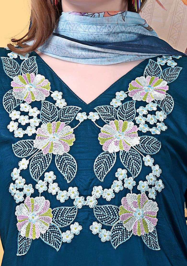 Teal Embroidered Poly Blended Kurta Sets - Indya