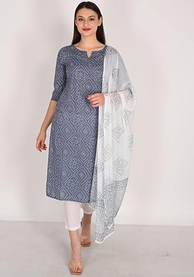 Grey Embroidered Poly Blended Kurta Sets