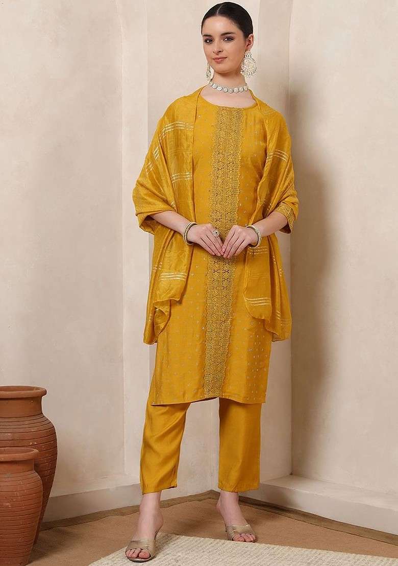 Mustard Embroidered Poly Blended Kurta Sets - Indya