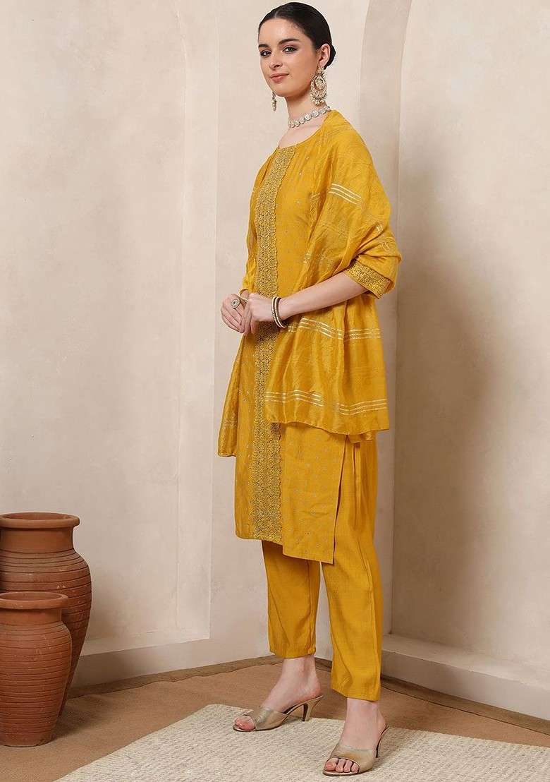 Mustard Embroidered Poly Blended Kurta Sets - Indya
