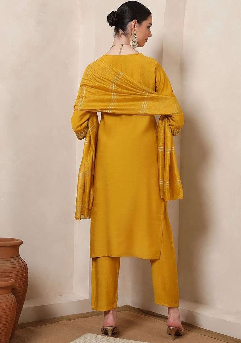 Mustard Embroidered Poly Blended Kurta Sets - Indya