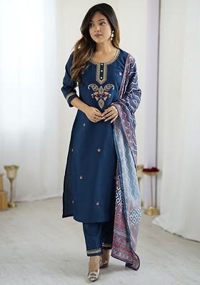 Navy Blue Embroidered Poly Blended Kurta Sets