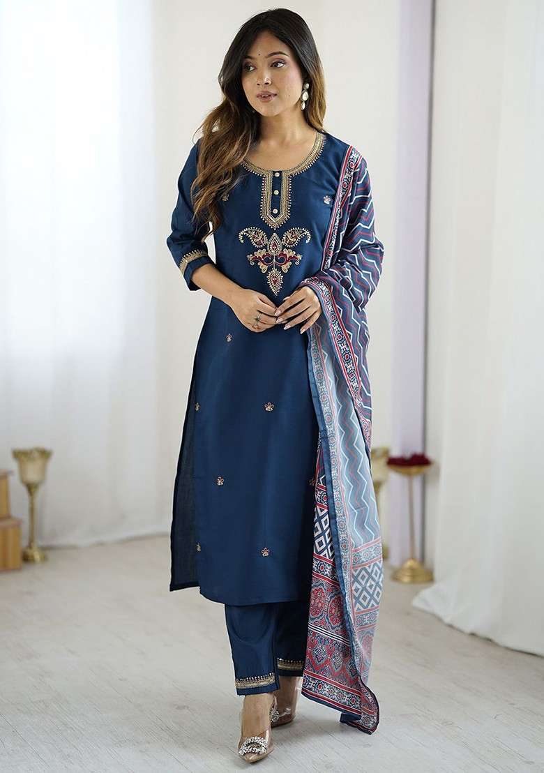 Navy Blue Embroidered Poly Blended Kurta Sets - Indya