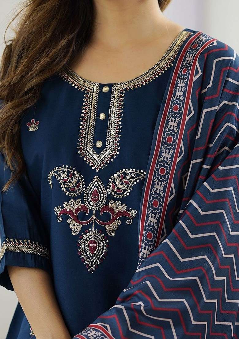 Navy Blue Embroidered Poly Blended Kurta Sets - Indya