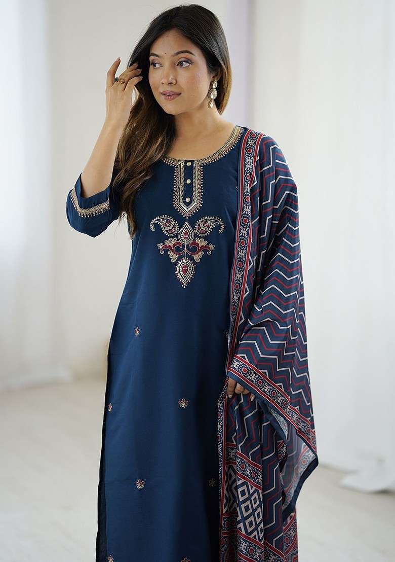 Navy Blue Embroidered Poly Blended Kurta Sets - Indya