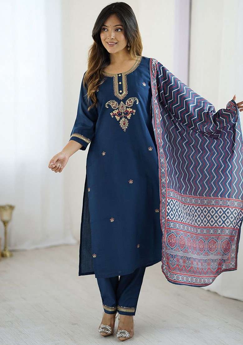 Navy Blue Embroidered Poly Blended Kurta Sets - Indya