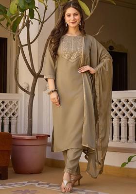 Beige Embroidered Poly Blended Kurta Sets