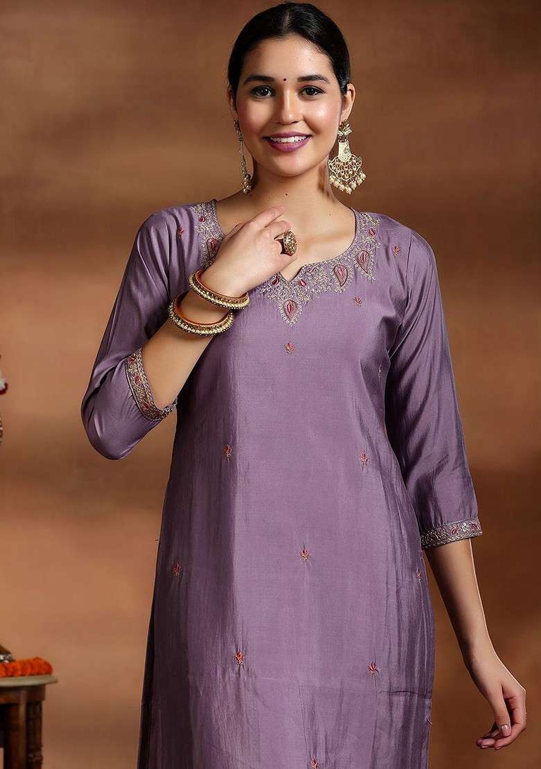Grey Embroidered Poly Blended Kurta Sets - Indya