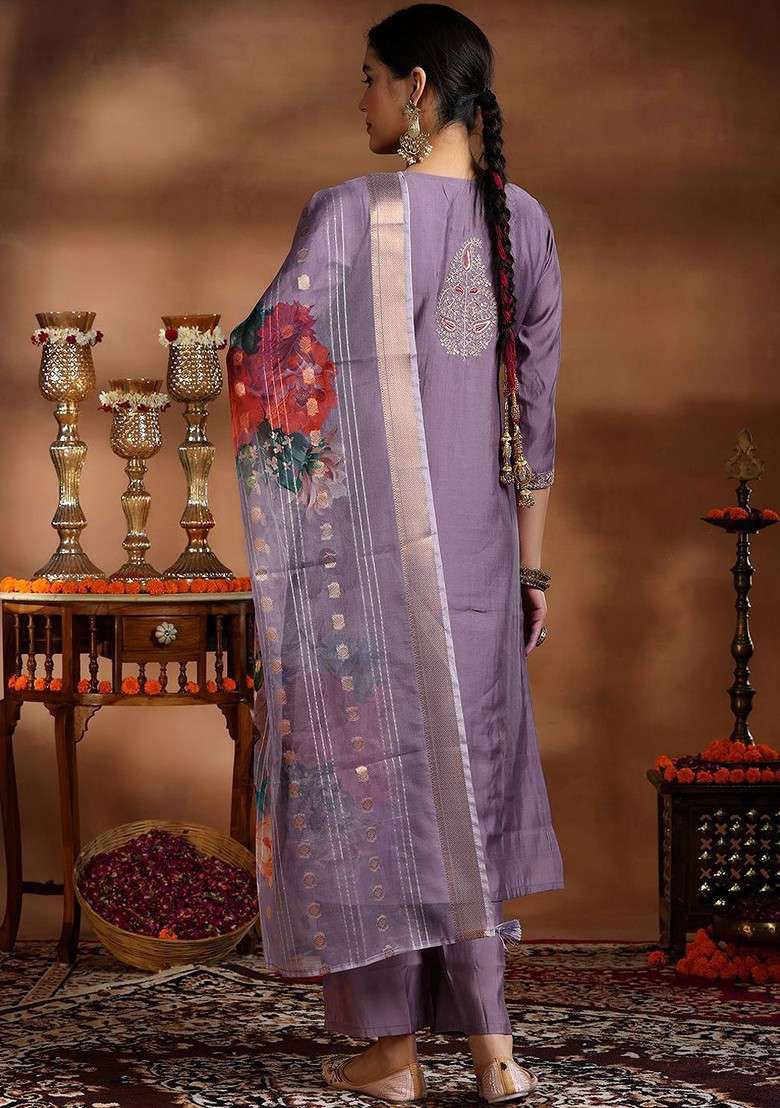 Grey Embroidered Poly Blended Kurta Sets - Indya