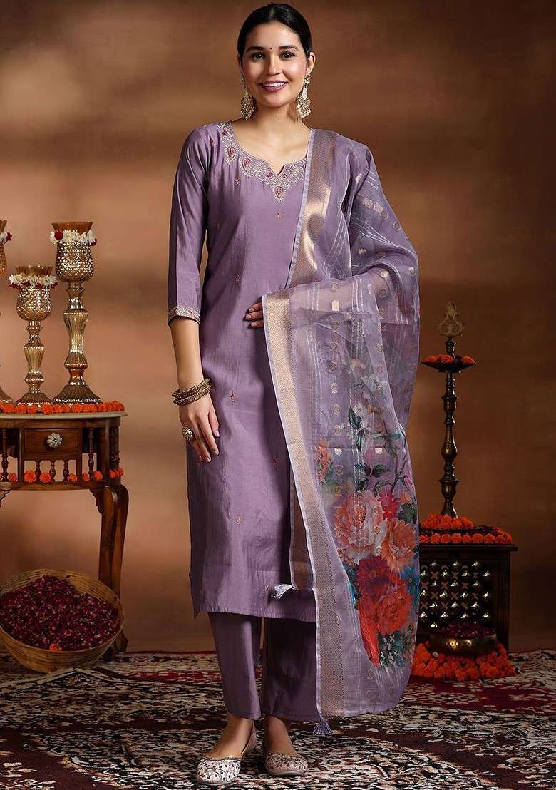 Grey Embroidered Poly Blended Kurta Sets - Indya