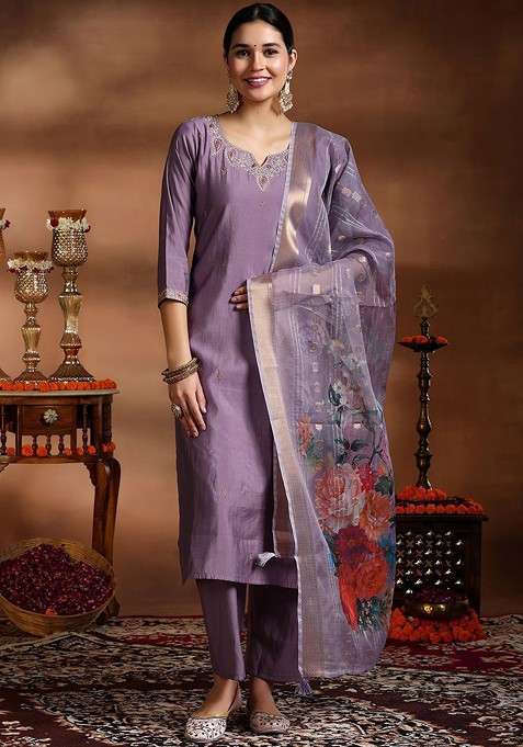 Grey Embroidered Poly Blended Kurta Sets