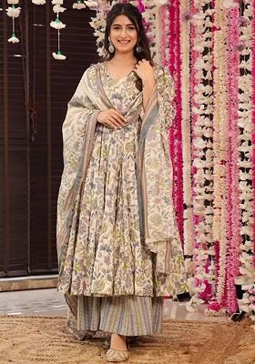 Beige Embroidered Poly Blended Kurta Sets