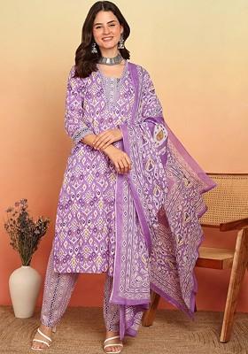 Lavender Embroidered Poly Blended Kurta Sets