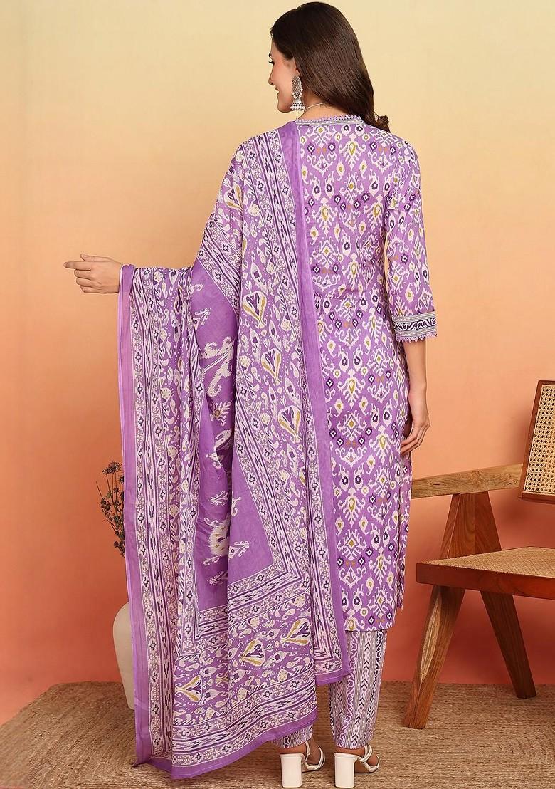 Lavender Embroidered Poly Blended Kurta Sets - Indya