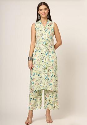 Cream Embroidered Poly Blended Kurta Sets