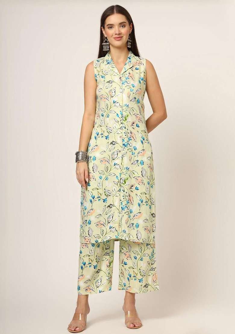 Cream Embroidered Poly Blended Kurta Sets - Indya