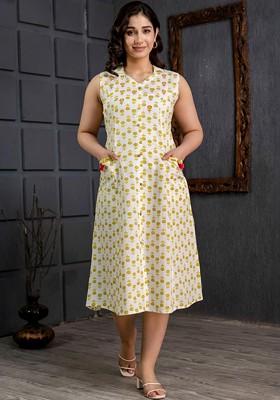 Yellow Embroidered Poly Blended Kurtas
