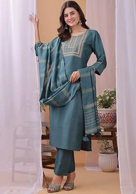 Turquoise Blue Embroidered Poly Blended Kurta Sets