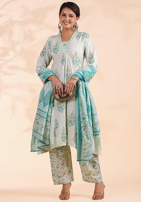 Turquoise Blue Embroidered Poly Blended Kurta Sets
