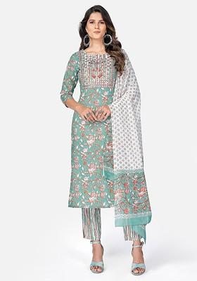 Sea Green Embroidered Poly Blended Kurta Sets