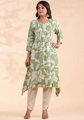 Off White Embroidered Poly Blended Kurta Sets