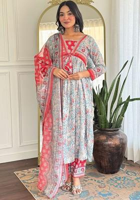 Teal Embroidered Poly Blended Kurta Sets