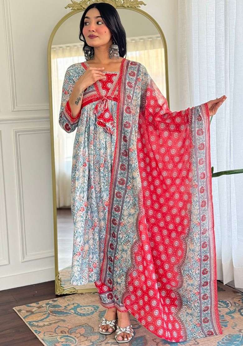 Teal Embroidered Poly Blended Kurta Sets - Indya