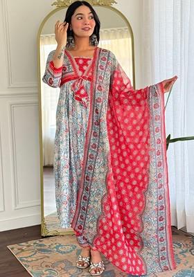 Teal Embroidered Poly Blended Kurta Sets