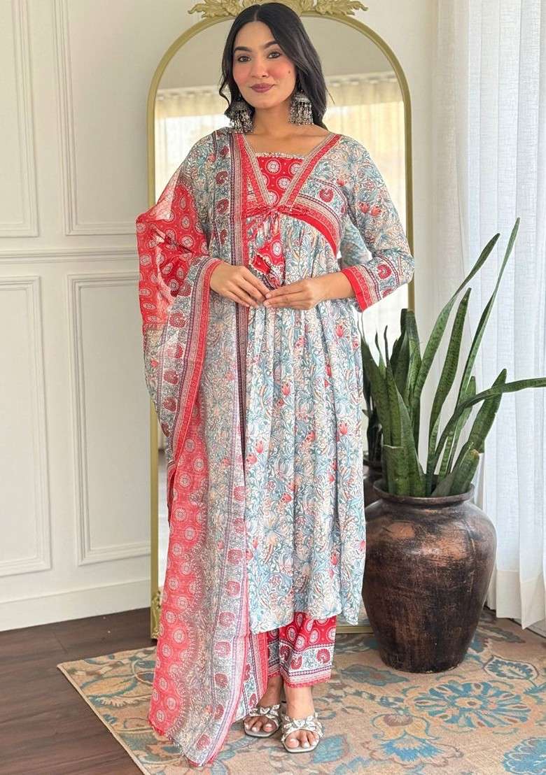 Teal Embroidered Poly Blended Kurta Sets - Indya