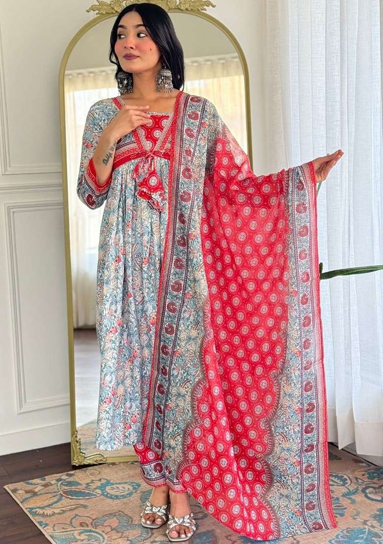 Teal Embroidered Poly Blended Kurta Sets - Indya