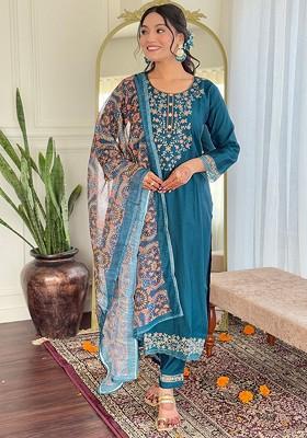 Teal Embroidered Poly Blended Kurta Sets