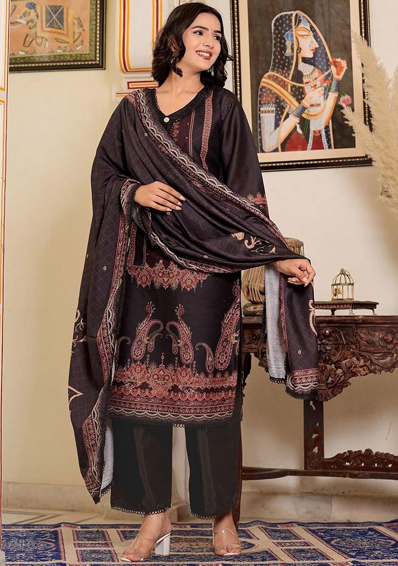 Black Embroidered Poly Blended Kurta Sets - Indya