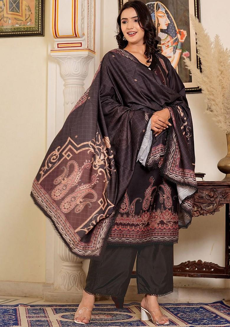 Black Embroidered Poly Blended Kurta Sets - Indya