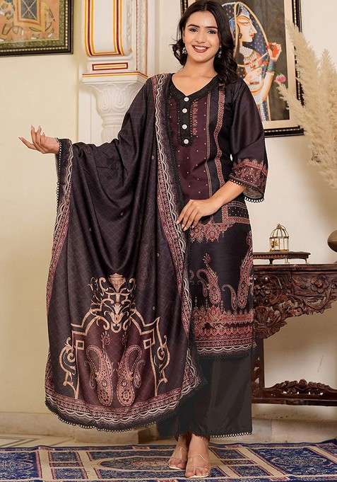 Black Embroidered Poly Blended Kurta Sets