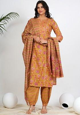 Mustard Embroidered Poly Blended Kurta Sets
