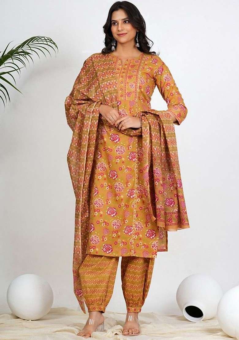 Mustard Embroidered Poly Blended Kurta Sets - Indya