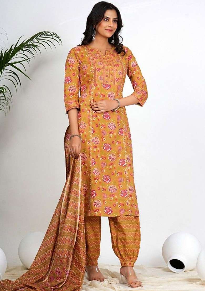 Mustard Embroidered Poly Blended Kurta Sets - Indya